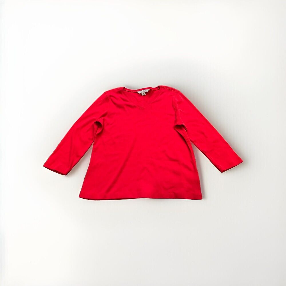 Pendleton Petite Womens Red Cotton Long Sleeve V Neck Shirt Size S Small